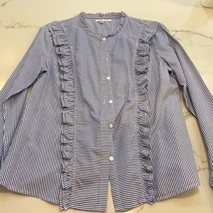 blue and white striped blouse with ruffle detail